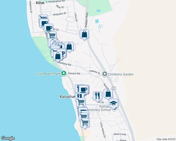 map of restaurants, bars, coffee shops, grocery stores, and more near 209 Auhana Road in Kihei