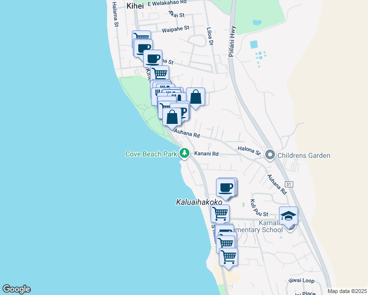 map of restaurants, bars, coffee shops, grocery stores, and more near 2075 South Kihei Road in Kihei