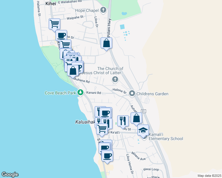 map of restaurants, bars, coffee shops, grocery stores, and more near 209 Auhana Road in Kihei