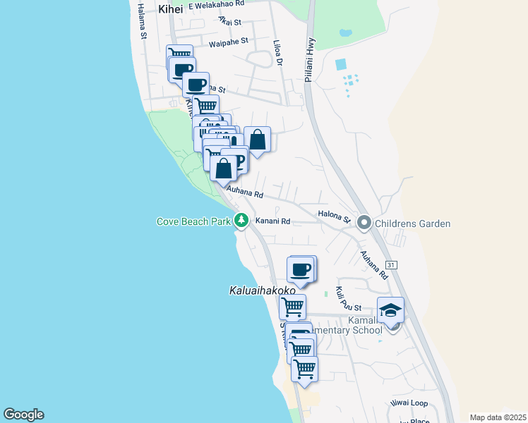 map of restaurants, bars, coffee shops, grocery stores, and more near 45 Kanani Road in Kihei