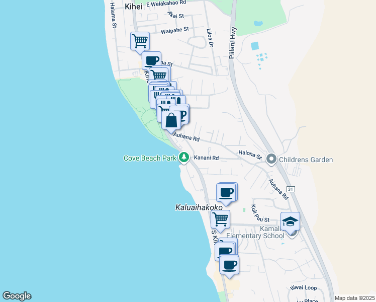 map of restaurants, bars, coffee shops, grocery stores, and more near 2075 South Kihei Road in Kihei