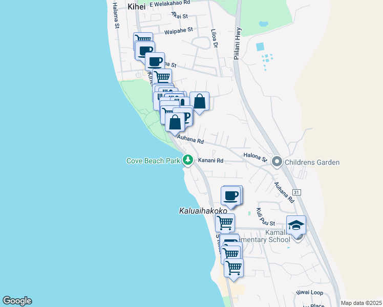 map of restaurants, bars, coffee shops, grocery stores, and more near 2075 South Kihei Road in Kihei