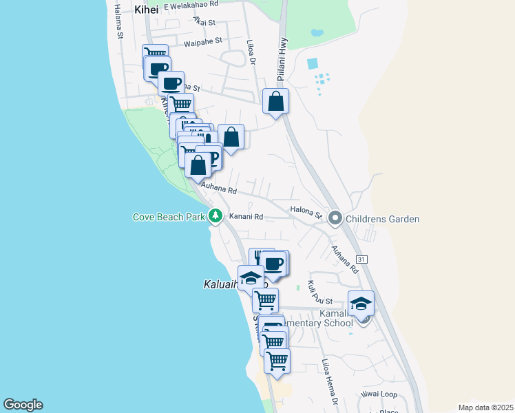 map of restaurants, bars, coffee shops, grocery stores, and more near 101 Kanani Road in Kihei