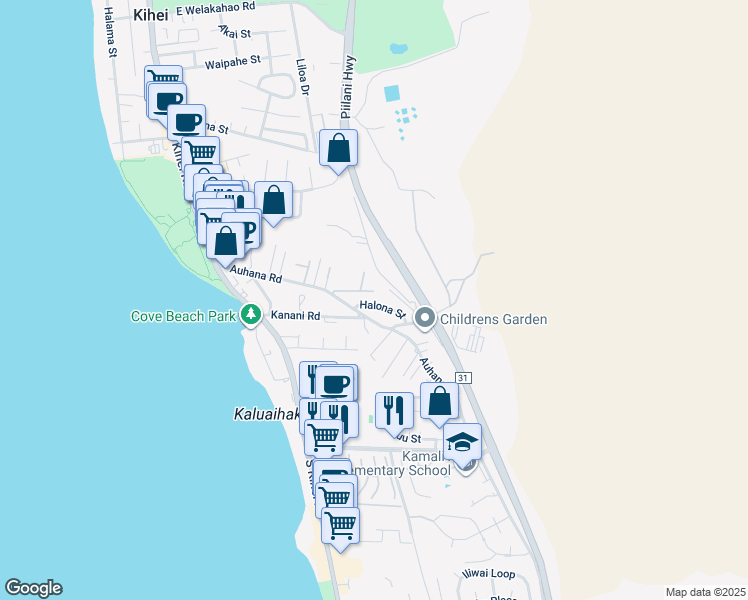 map of restaurants, bars, coffee shops, grocery stores, and more near 169 Halona Street in Kihei