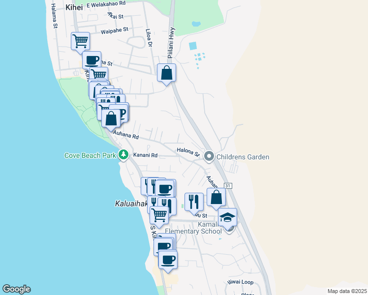map of restaurants, bars, coffee shops, grocery stores, and more near 169 Halona Street in Kihei