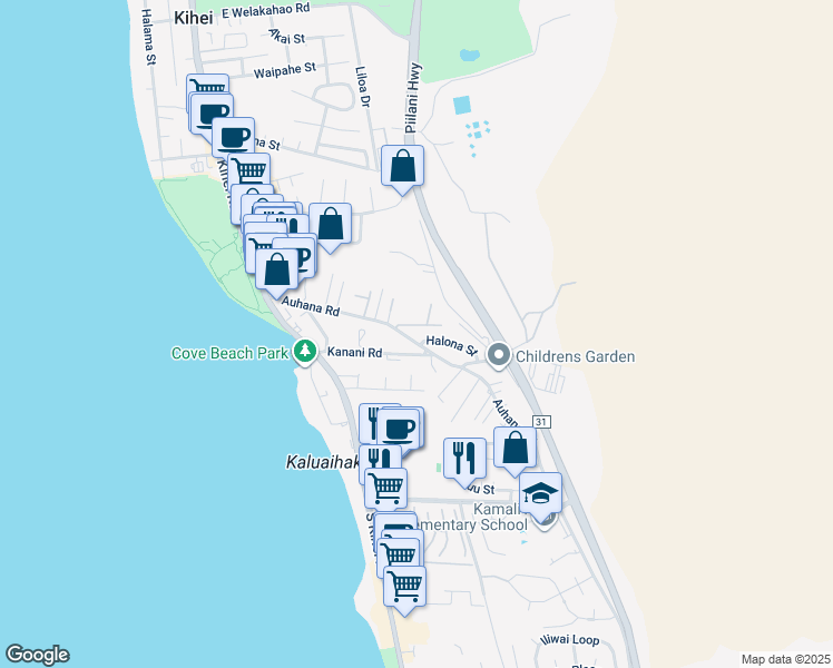 map of restaurants, bars, coffee shops, grocery stores, and more near 205 Auhana Road in Kihei