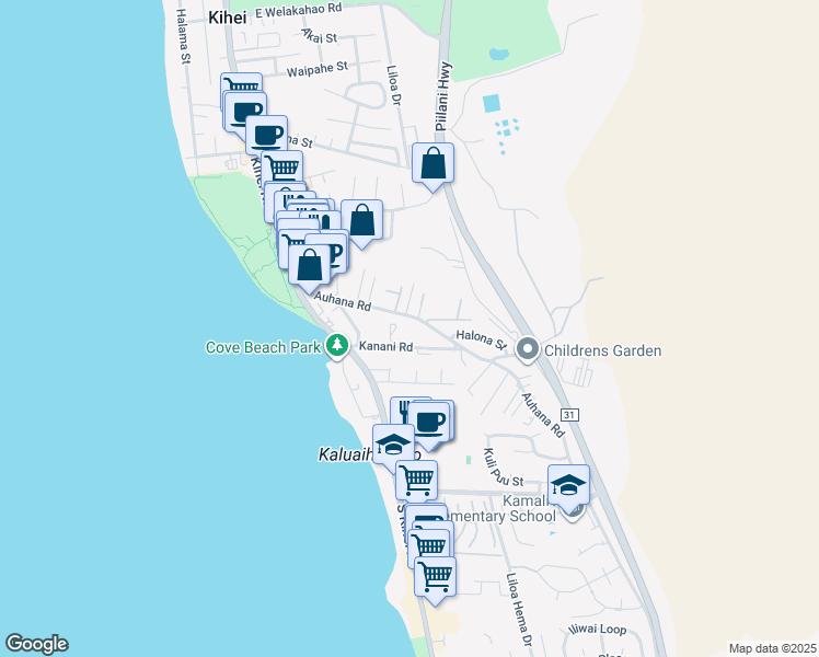 map of restaurants, bars, coffee shops, grocery stores, and more near 101 Kanani Road in Kihei