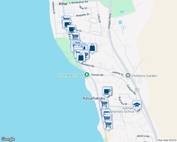 map of restaurants, bars, coffee shops, grocery stores, and more near 2075 South Kihei Road in Kihei