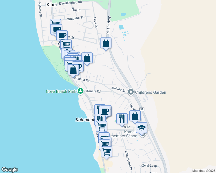 map of restaurants, bars, coffee shops, grocery stores, and more near 193 Auhana Road in Kihei