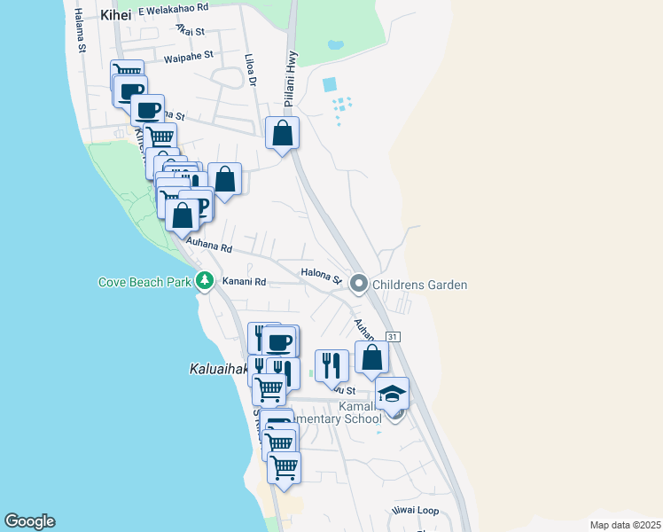 map of restaurants, bars, coffee shops, grocery stores, and more near 2060 Kanakanui Road in Kihei