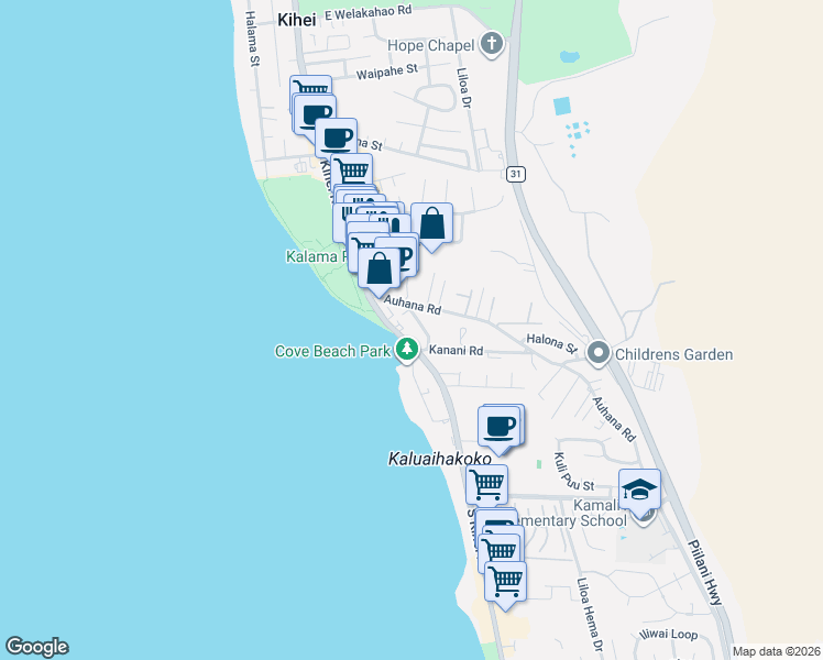 map of restaurants, bars, coffee shops, grocery stores, and more near 114 - 2075 South Kihei Road in Kihei
