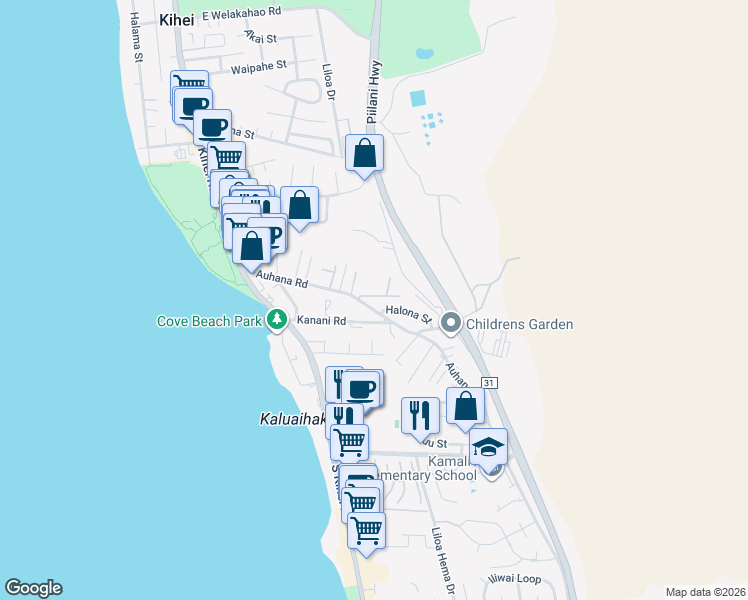 map of restaurants, bars, coffee shops, grocery stores, and more near 185 Auhana Road in Kihei