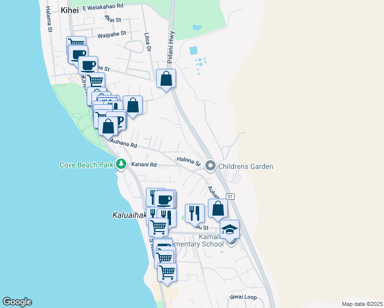 map of restaurants, bars, coffee shops, grocery stores, and more near 2060 Kanakanui Road in Kihei