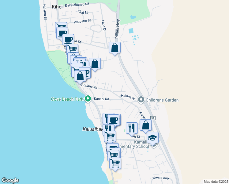 map of restaurants, bars, coffee shops, grocery stores, and more near 163 Auhana Road in Kihei
