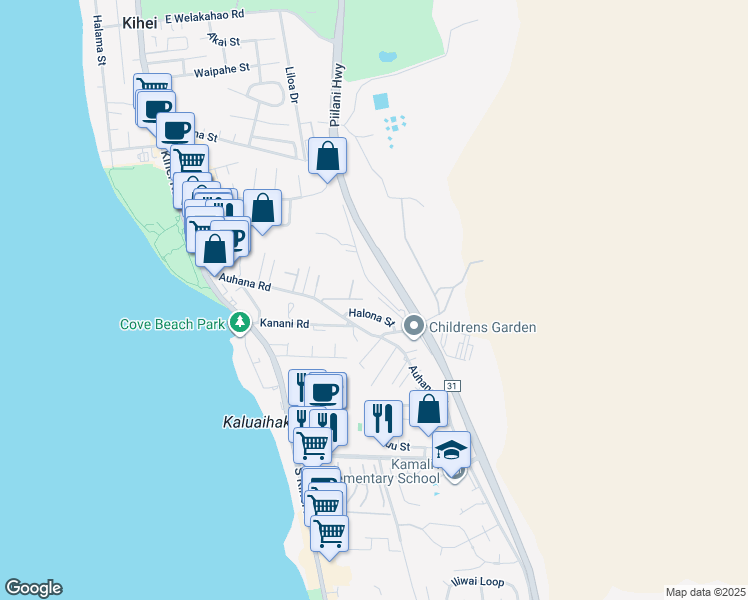 map of restaurants, bars, coffee shops, grocery stores, and more near 2040 Kanakanui Road in Kihei