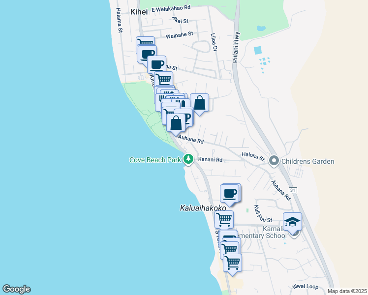 map of restaurants, bars, coffee shops, grocery stores, and more near 114 - 2075 South Kihei Road in Kihei