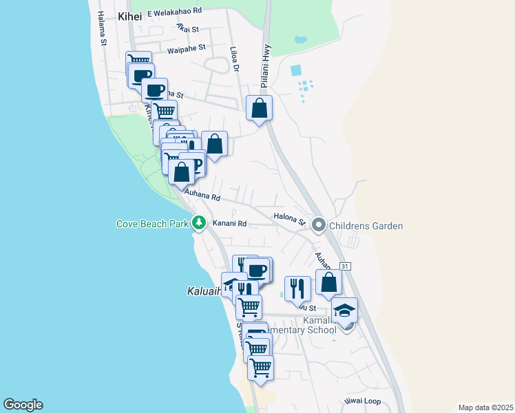 map of restaurants, bars, coffee shops, grocery stores, and more near 163 Auhana Road in Kihei