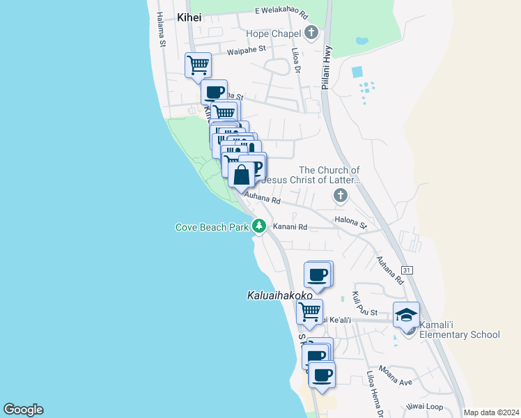 map of restaurants, bars, coffee shops, grocery stores, and more near 114 - 2075 South Kihei Road in Kihei