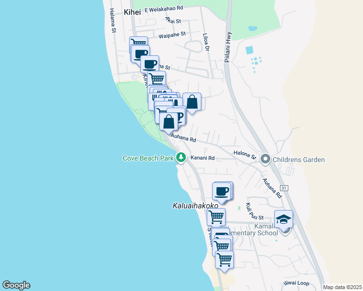 map of restaurants, bars, coffee shops, grocery stores, and more near 2058 Kanoe Street in Kihei