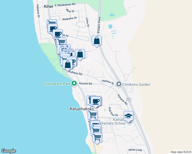 map of restaurants, bars, coffee shops, grocery stores, and more near 163 Auhana Road in Kihei