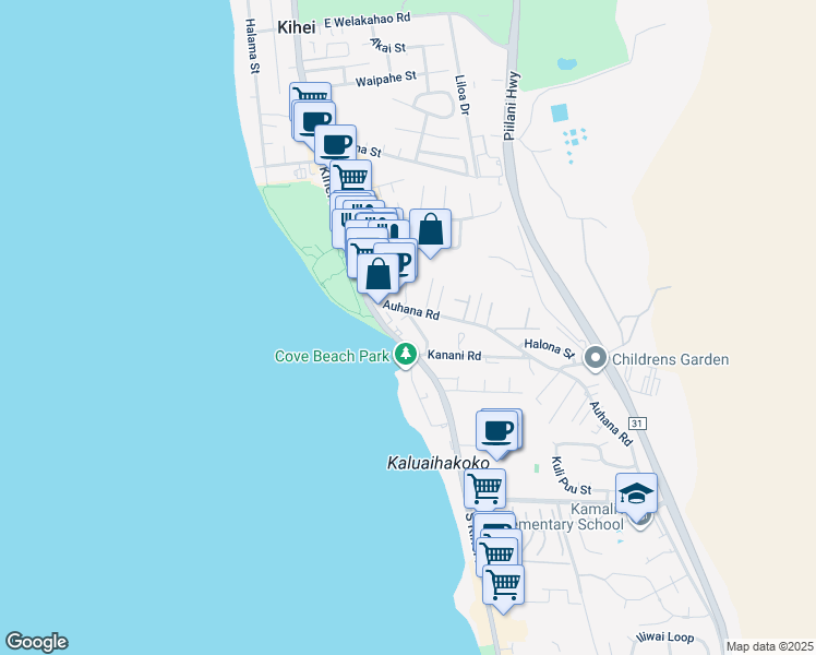 map of restaurants, bars, coffee shops, grocery stores, and more near 2058 Kanoe Street in Kihei