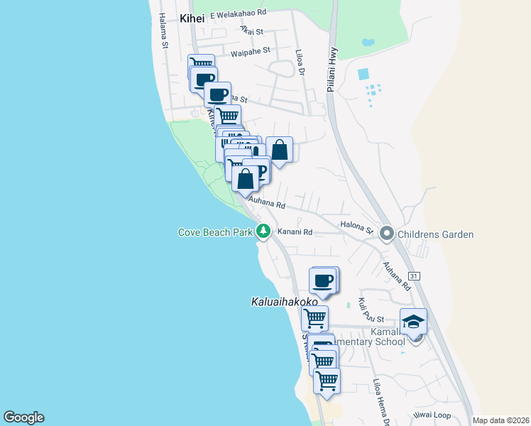 map of restaurants, bars, coffee shops, grocery stores, and more near 114 - 2075 South Kihei Road in Kihei