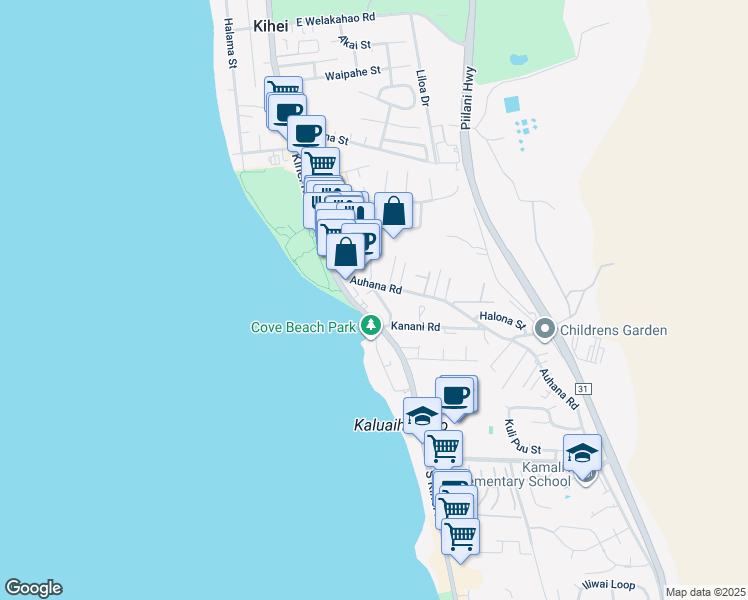 map of restaurants, bars, coffee shops, grocery stores, and more near 2058 Kanoe Street in Kihei