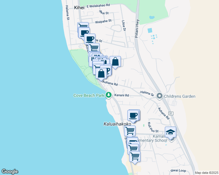 map of restaurants, bars, coffee shops, grocery stores, and more near 2058 Kanoe Street in Kihei