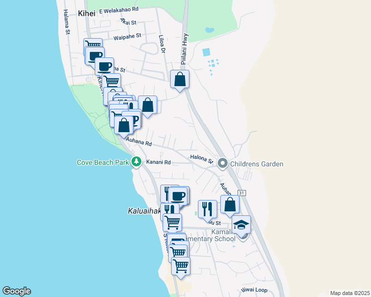 map of restaurants, bars, coffee shops, grocery stores, and more near 185 Auhana Road in Kihei