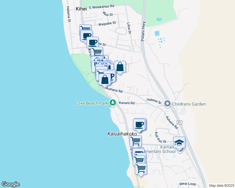 map of restaurants, bars, coffee shops, grocery stores, and more near 2065 Kanoe Street in Kihei