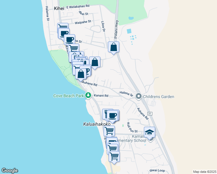 map of restaurants, bars, coffee shops, grocery stores, and more near 155 Auhana Road in Kihei