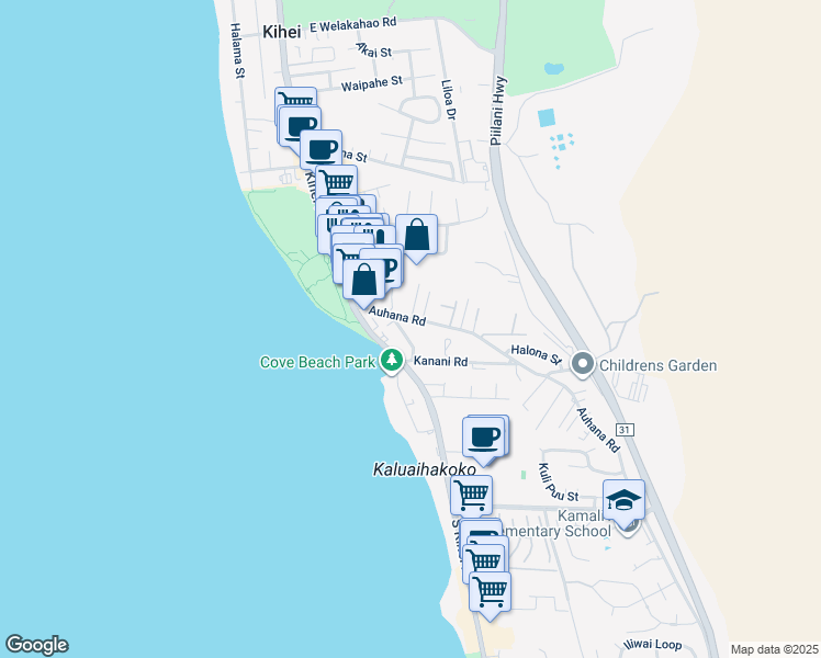 map of restaurants, bars, coffee shops, grocery stores, and more near 2065 Kanoe Street in Kihei