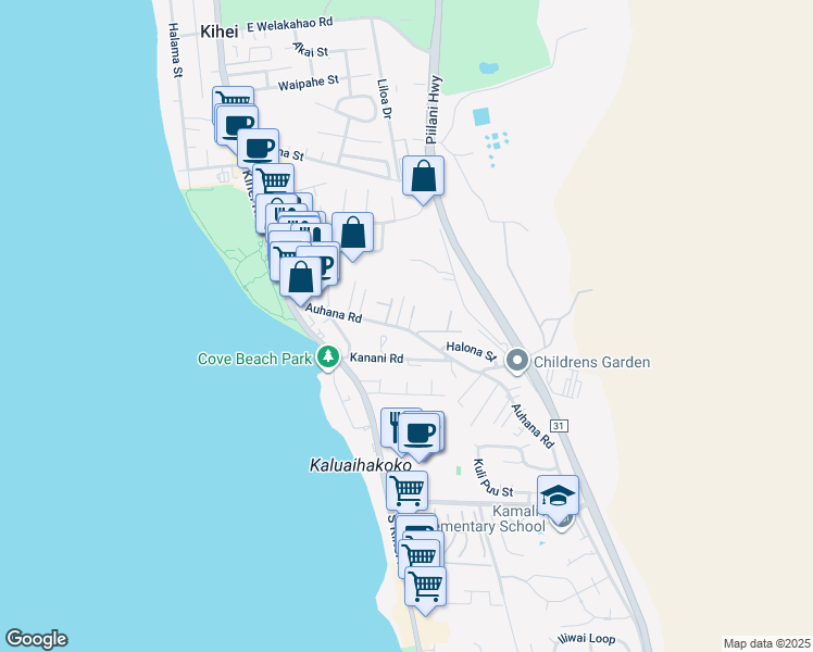 map of restaurants, bars, coffee shops, grocery stores, and more near 159 Auhana Road in Kihei