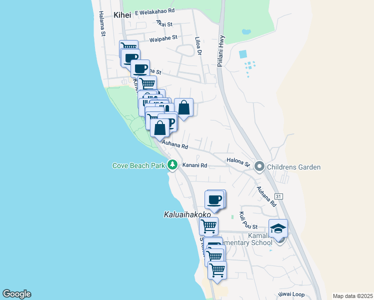 map of restaurants, bars, coffee shops, grocery stores, and more near 82 Auhana Road in Kihei