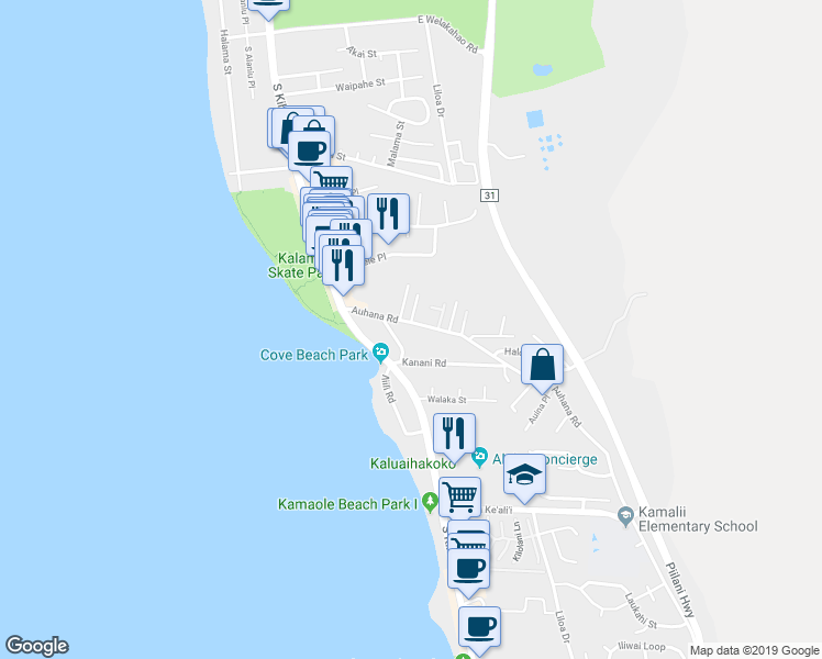 map of restaurants, bars, coffee shops, grocery stores, and more near 100 Auhana Road in Kihei