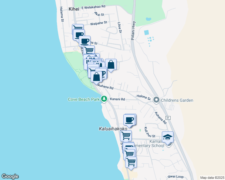 map of restaurants, bars, coffee shops, grocery stores, and more near 100 Auhana Road in Kihei