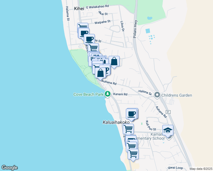 map of restaurants, bars, coffee shops, grocery stores, and more near 2050 Kanoe Street in Kihei
