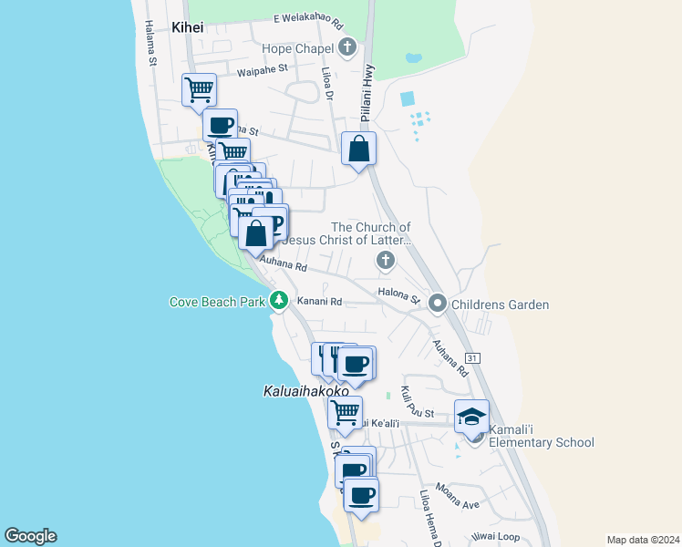 map of restaurants, bars, coffee shops, grocery stores, and more near 155 Auhana Road in Kihei