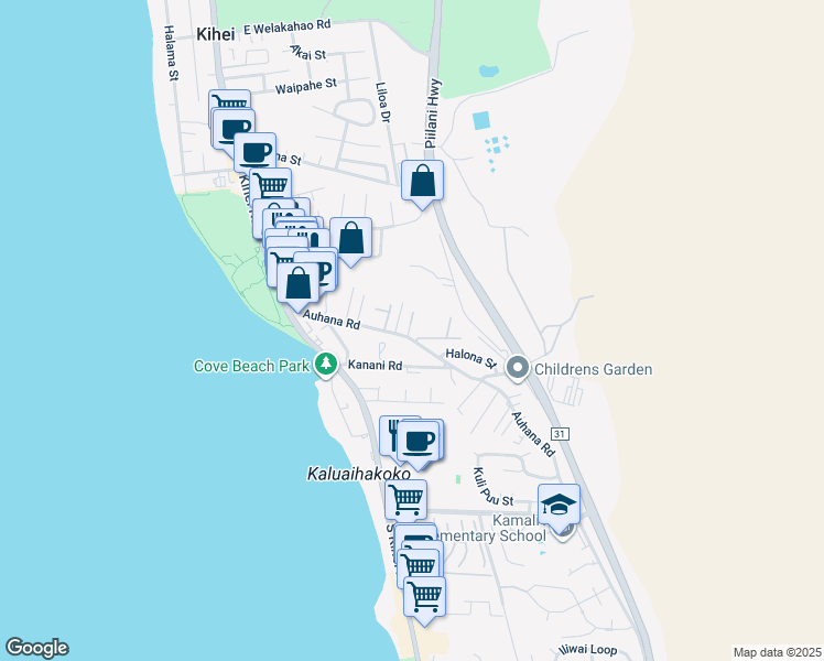 map of restaurants, bars, coffee shops, grocery stores, and more near 159 Auhana Road in Kihei