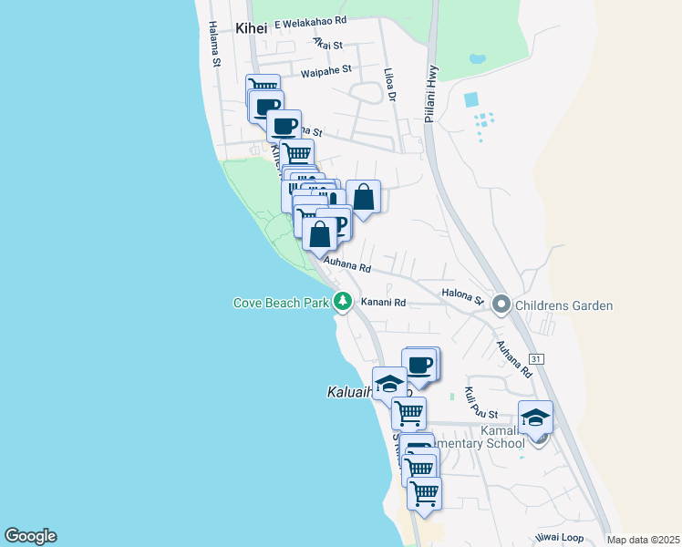 map of restaurants, bars, coffee shops, grocery stores, and more near 2050 Kanoe Street in Kihei