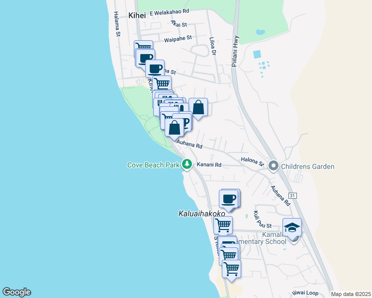map of restaurants, bars, coffee shops, grocery stores, and more near 2050 Kanoe Street in Kihei