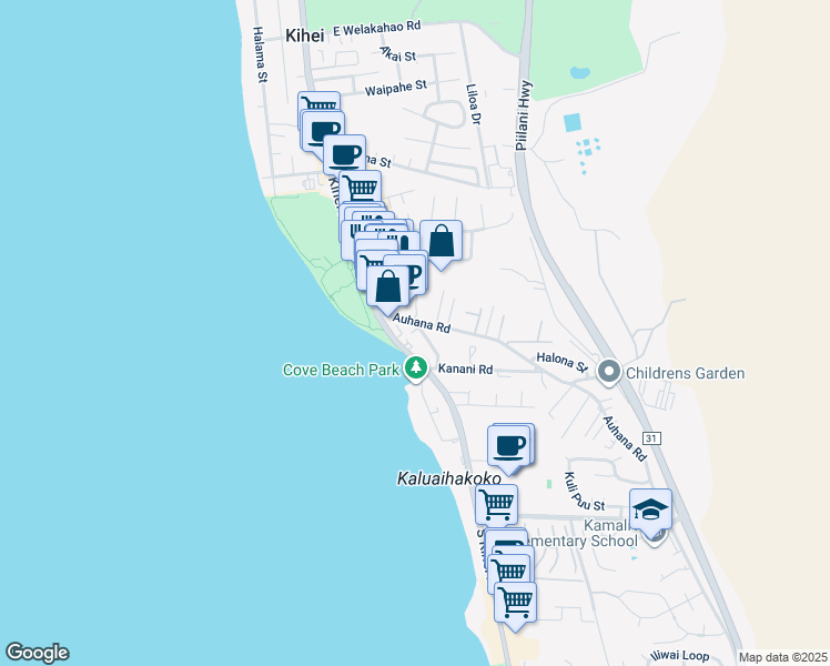 map of restaurants, bars, coffee shops, grocery stores, and more near 2050 Kanoe Street in Kihei