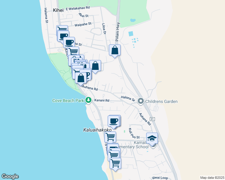 map of restaurants, bars, coffee shops, grocery stores, and more near 159 Auhana Road in Kihei
