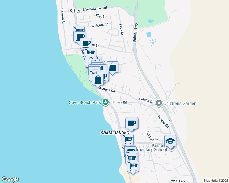map of restaurants, bars, coffee shops, grocery stores, and more near 90 Auhana Road in Kihei