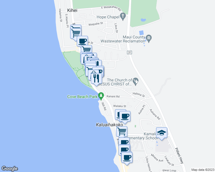 map of restaurants, bars, coffee shops, grocery stores, and more near 82 Auhana Road in Kihei