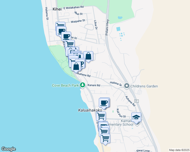 map of restaurants, bars, coffee shops, grocery stores, and more near 123 Auhana Road in Kihei