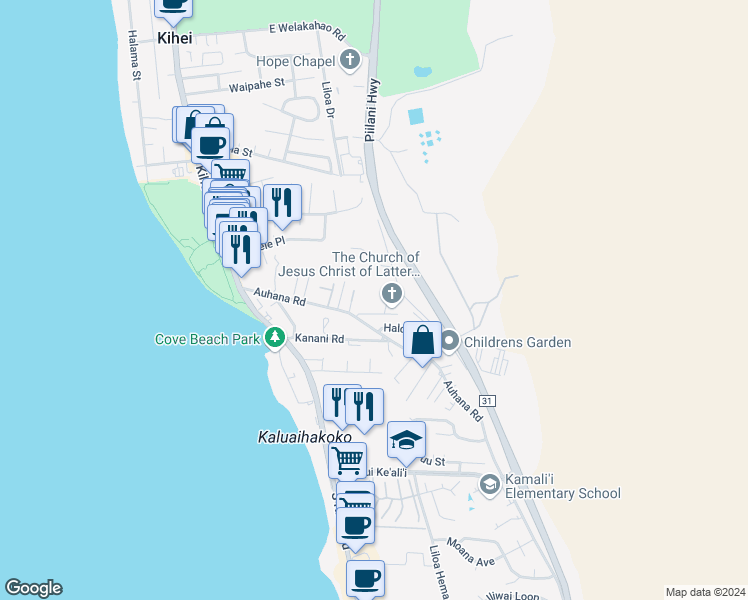 map of restaurants, bars, coffee shops, grocery stores, and more near 185 Auhana Road in Kihei