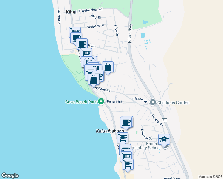 map of restaurants, bars, coffee shops, grocery stores, and more near 2039 Paulele Place in Kihei