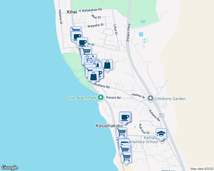 map of restaurants, bars, coffee shops, grocery stores, and more near 2024 Paulele Place in Kihei