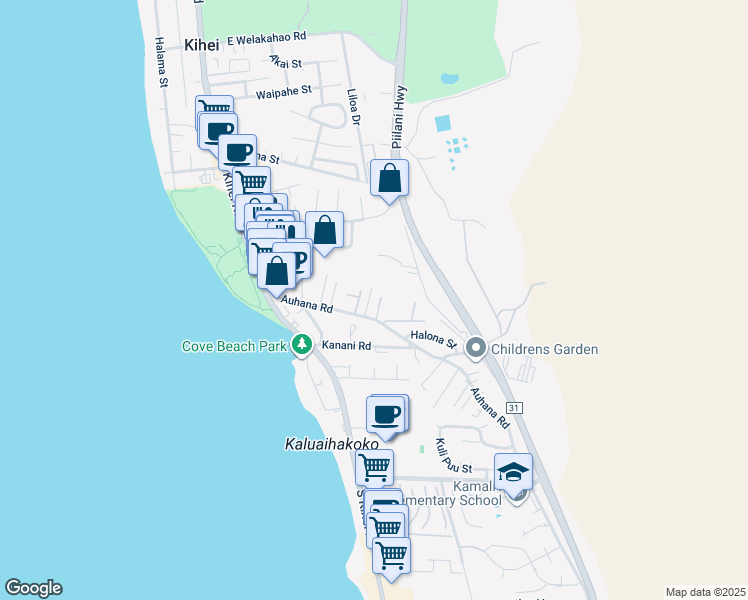 map of restaurants, bars, coffee shops, grocery stores, and more near 155 Auhana Road in Kihei